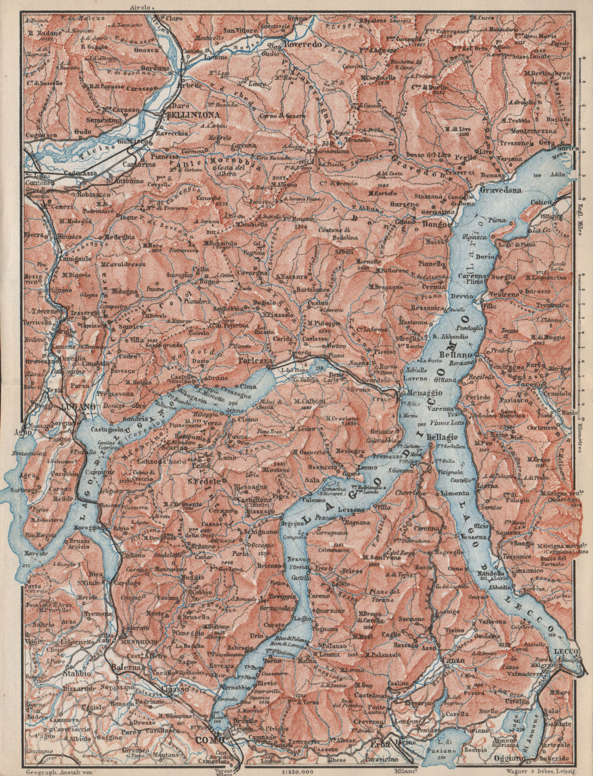 LAKES/LAGO DI COMO & LUGANO. Lecco Bellinzona. Topo-map. Italy mappa 1889